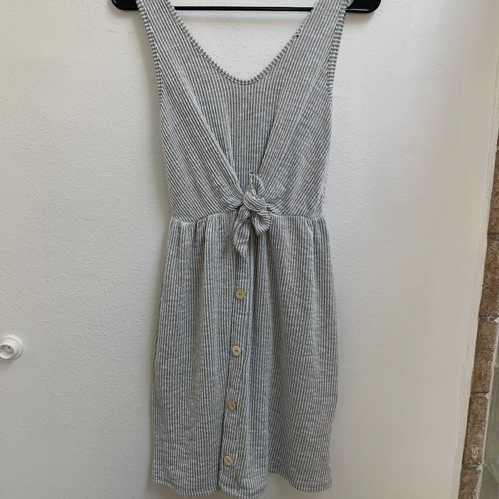 Grey and White Striped Sundress with Tie-Waist